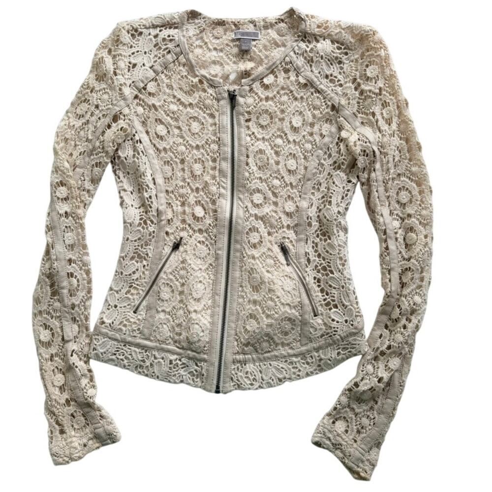 Chelsea28 Cream Crochet Lace Jacket Cream Size Small Biker Moto Boho